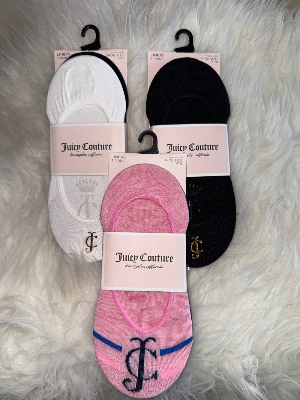 Juicy Couture No-Show Liner Socks - Pink, White & Black (3 Pack)